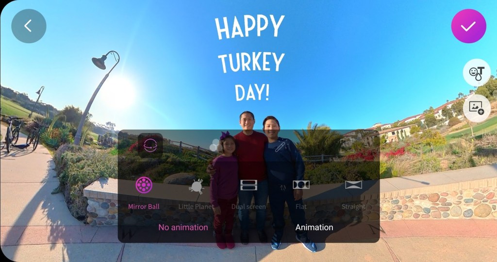 Theta+ app can export a 360 photo as a non-360 photo and even let you add text